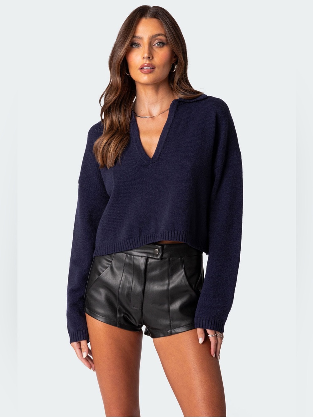 EDIKTED Marcie Oversize Cropped Sweater V-Neck Navy large